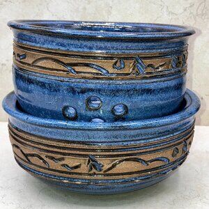 Studio Art Glazed Pottery Colander Strainer Berry Bowl w Under Bowl Hand Carved